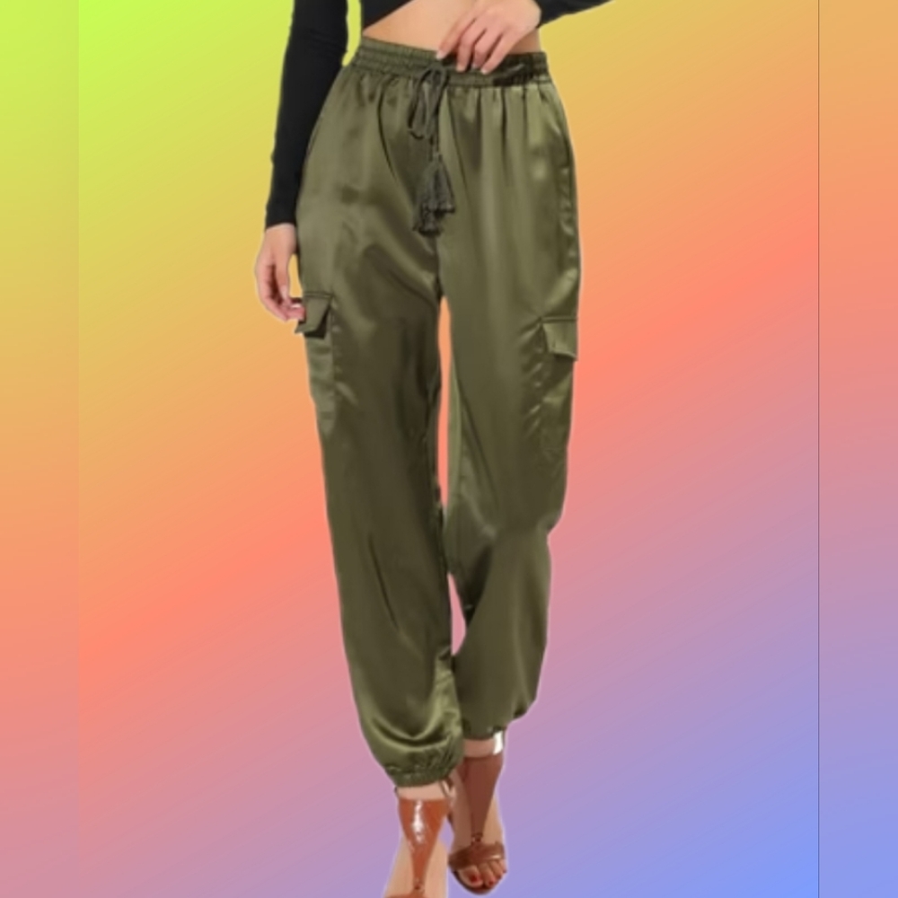 Women's Satin Drawstring Elastic Cargo Pants by International Concepts